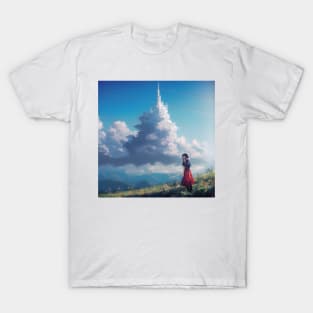 A girl in a red dress standing on a hill and looking at castle shaped clouds T-Shirt